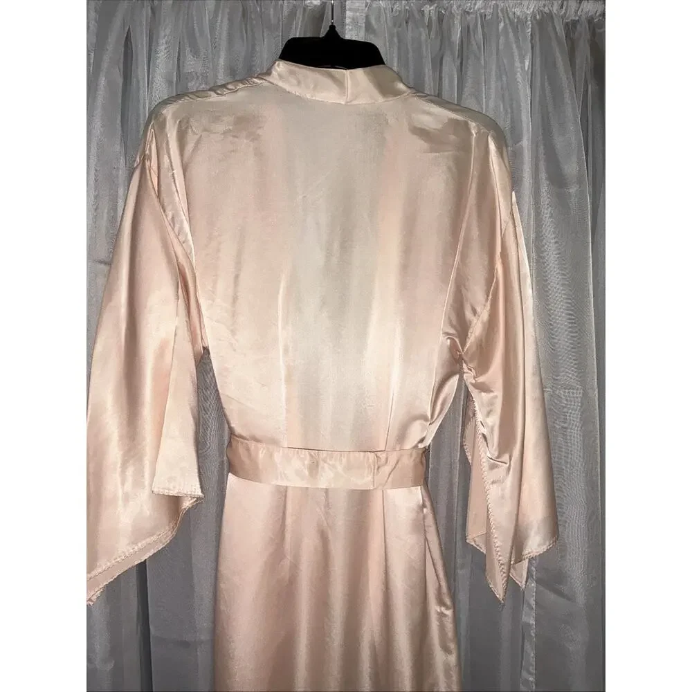 VTG Blush Pink Satin Elegant Long Lounge Robe With Kimono Sleeve Detail Large